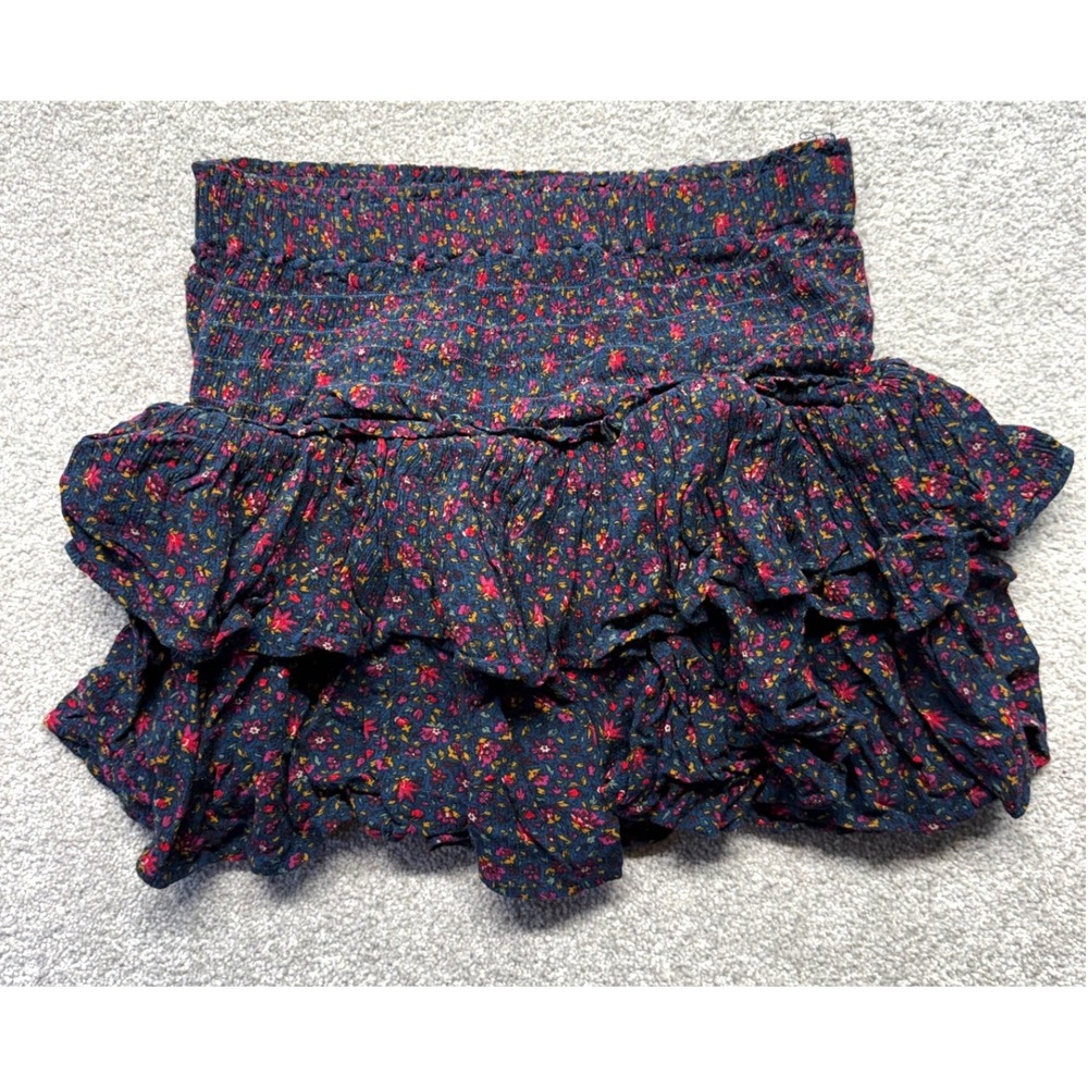 American Eagle Floral Smocked Tiered Ruffle Mini Skirt Navy Blue XS